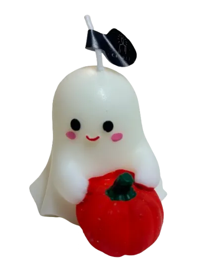 Pumpkin Hug candle: a smiling ivory ghost with pink cheeks hugging a red pumpkin with a green stem