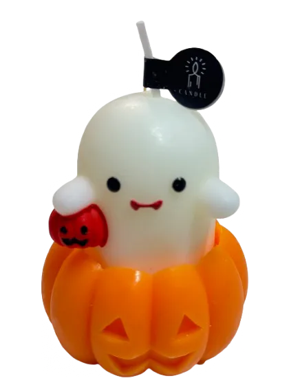 Trick or Treat candle: a little ivory ghost inside an orange jack-o'-lantern, holding a tiny red jack-o'-lantern